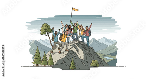 Group of people celebrating reaching the mountain peak, holding a flag.