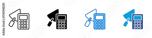 Construction Calculation Multiple Style Icon Design Vector - Trowel with calculator, symbolizing construction cost estimation, project budgeting, and masonry calculation