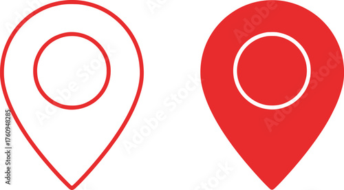 Two Red Map Pointer Icons, Red Outline and Filled Shapes on White Background