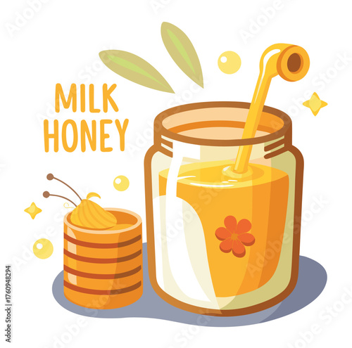 A delightful cartoon illustration of a glass jar filled with golden honey and a dipper stick. A cute bee-themed pot of sweet nectar with sparkles and leaves, perfect for food packaging or branding
