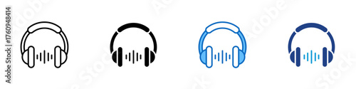Headphones Multiple Style Icon Design Vector - Headphones with sound waves representing music, audio, and sound listening experience