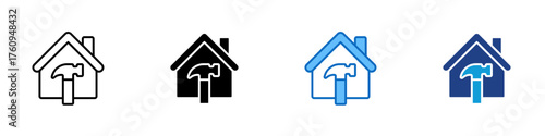 Home Construction Multiple Style Icon Design Vector - House with hammer, symbolizing home building, renovation, and carpentry activities