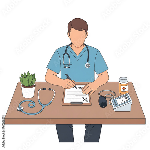 Doctor writing prescription at desk in clinic illustration