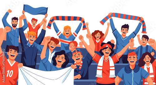 A diverse group of enthusiastic sports fans cheering and waving scarves and banners at a stadium event.