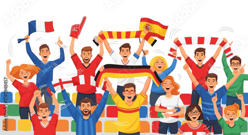 Diverse group of enthusiastic sports fans cheering with flags and scarves from various European countries at a lively event.