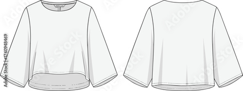 Women top flat sketch, front and back view, round neckline, three quarter sleeve, high low hem, loose fit fashion drawing