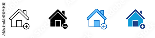 New Home Multiple Style Icon Design Vector - Simple house with plus sign, representing new property, home addition, or real estate growth