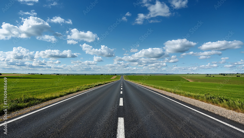 Fototapeta premium Expansive Open Road Under Bright Blue Sky with Clouds