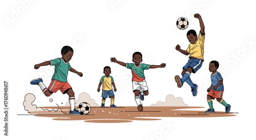 Illustration of children playing soccer on a dirt field, having fun.