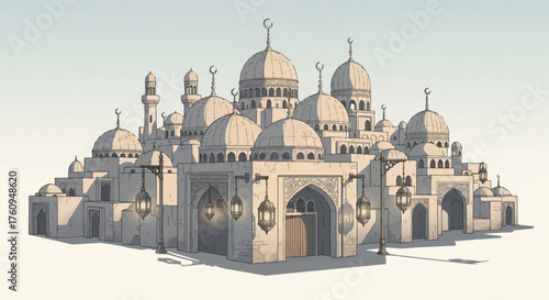 An intricately detailed illustration of a grand mosque with multiple domes and minarets, showcasing traditional Islamic architectural elements.