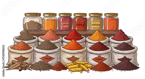 A vibrant illustration of various aromatic spices in jars and sacks on a white background.