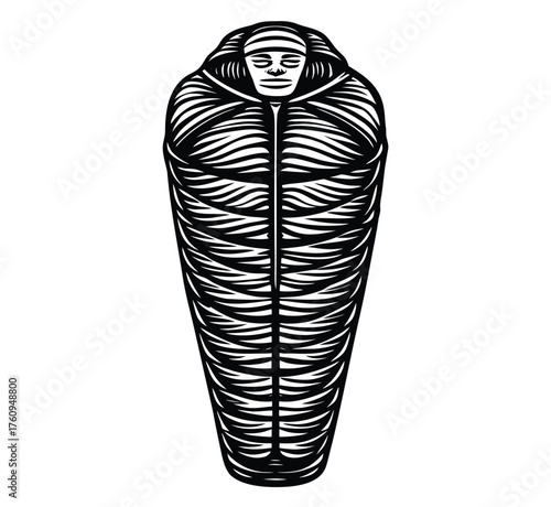 Monochromatic illustration of an individual comfortably nestled within a sleeping bag, prepared for an outdoor adventure or a night under the stars, depicting rest and wilderness preparedness