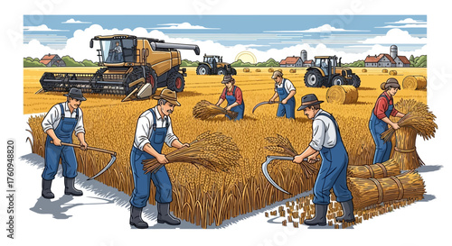 An illustration depicting the evolution of farming, with farmers using scythes alongside modern combine harvesters in a wheat field.