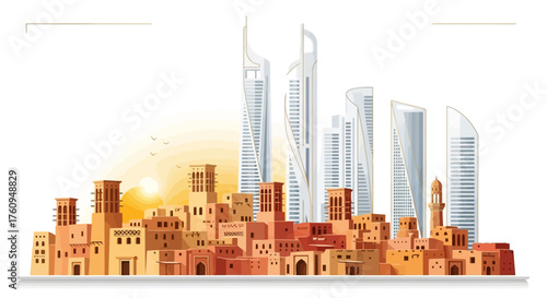 A blend of traditional Middle Eastern architecture and modern skyscrapers under a bright sun.