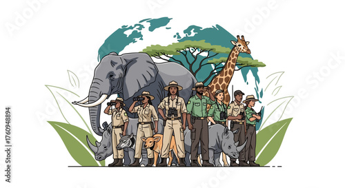 Illustration of a group of people with various animals in front of a globe, promoting conservation.