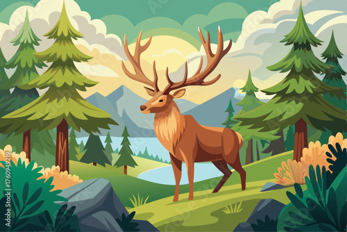 Deer in Forest Vector Illustration – Wildlife Nature Landscape Art Design