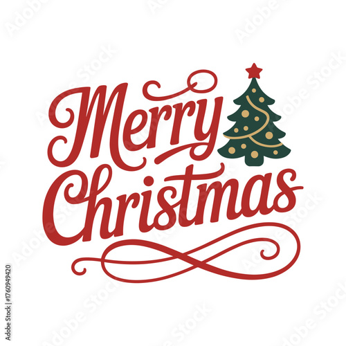 Festive merry christmas typographic design with a charming decorated pine tree icon