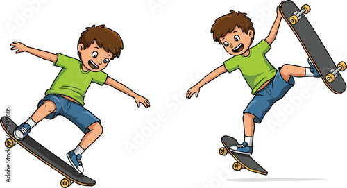 Cartoon boy performing skateboard tricks, ollie and jump, wearing green shirt, blue shorts, dynamic pose, urban sport action, flat vector