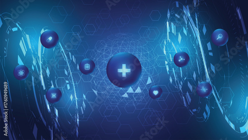 Futuristic medical technology background with HUD interface elements, global network connections, and glowing digital science innovation concepts for healthcare and medicine.