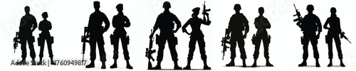 silhouette male and female army soldiers standing 