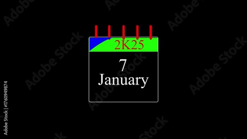 January month calendar with time symbol. Simple calendar icon animation and date change of time month with black background..