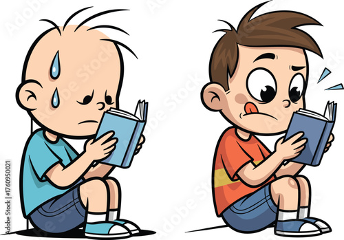 Cartoon boys reading flat vector, emotional study expressions, stressed student, surprised child, educational scene, school learning, book illustration