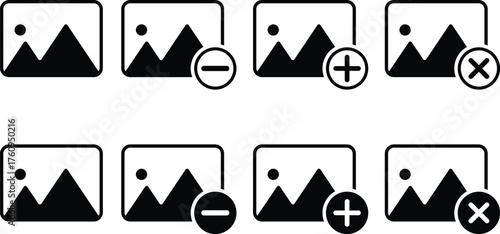 gallery edit icon set.  add image, delete photo and gallery photos icons collection