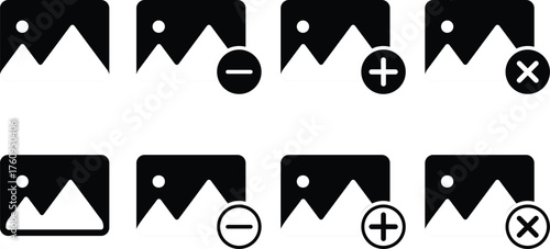 gallery edit icon set.  add image, delete photo and gallery photos icons collection