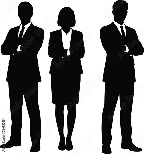 Flat vector illustration of confident business professionals in formal attire, teamwork concept, leadership, corporate identity, silhouette style