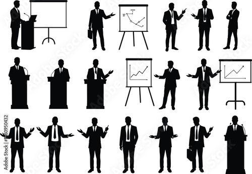 Flat vector illustration of business professionals in silhouette, presenting charts, public speaking, corporate communication, leadership, formal attire