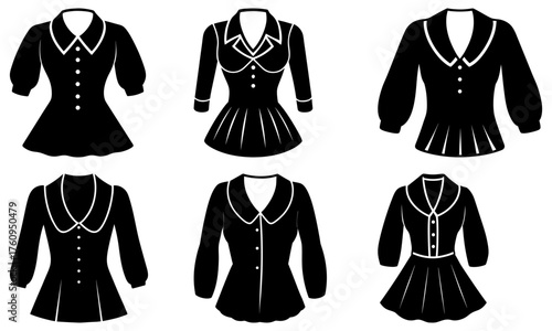 Illustration of six black and white dresses with different collar and sleeve styles in vector format