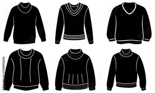 Illustration of six black sweaters with different necklines and designs in a simple vector style