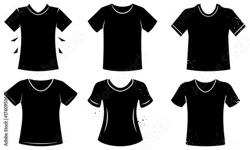 Collection of six black t shirts with different necklines and sleeve styles in a vector illustration