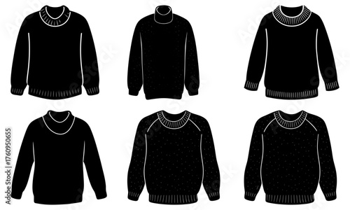 Collection of six black sweaters with varying necklines and sleeve styles in a graphic illustration