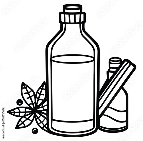 A visually appealing black and white illustration depicting various spices like star anise and cinnamon sticks alongside bottles of liquid, evoking a sense of aromatic flavor and natural ingredients