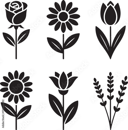 Stylized Flower Silhouettes Icon Collection