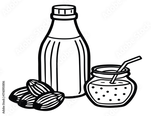 Hand-drawn illustration of a nutritious breakfast drink. Featuring a bottle of naturally sweetened date milk, a blended smoothie in a glass, and whole date fruit ingredients
