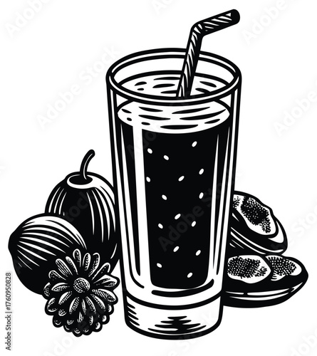 A refreshing glass of cold cola or fruit juice with a straw, often seen as a vector illustration of a sweet beverage
