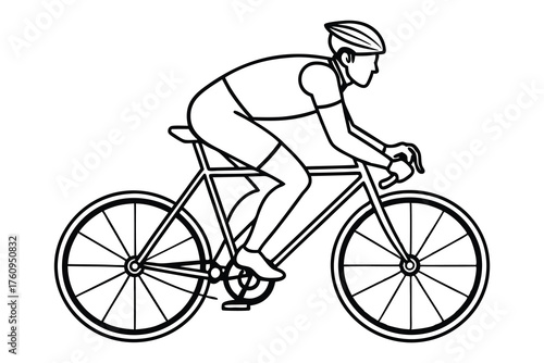 Professional cyclist in dynamic riding pose, sleek black-and-white line art style, conveying speed and determination for fitness and sports branding."