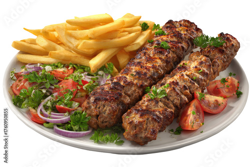 Grilled meat skewers with french fries and salad