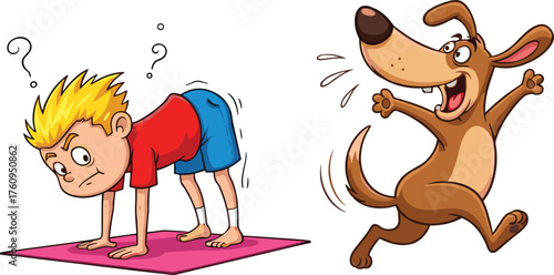 Cartoon boy surprised by playful dog, dynamic pet interaction, humorous moment, expressive characters, energetic motion scene, fun illustration, flat vector