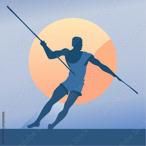 Athlete Silhouette Javelin Thrower against a Gradient Sun Disk with Blue Gradient Background for Sports and Athletic Competition Concepts