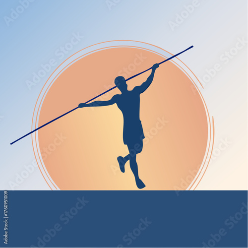 Silhouette of a Javelin Thrower Against Orange Circle Sun in Blue Sky Sport Athletic Competition Vector Illustration