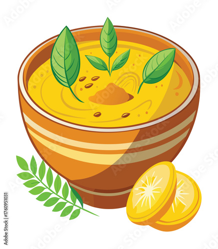 A warm and inviting bowl of creamy golden lentil soup, beautifully garnished with fresh basil leaves and aromatic spices, served with a side of zesty lemon for a nourishing and flavorful meal