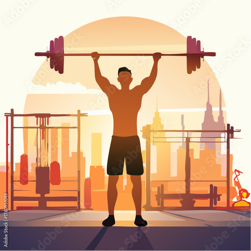 Silhouette of a Man Lifting Barbell Overhead in an Orange Urban Gym at Sunset