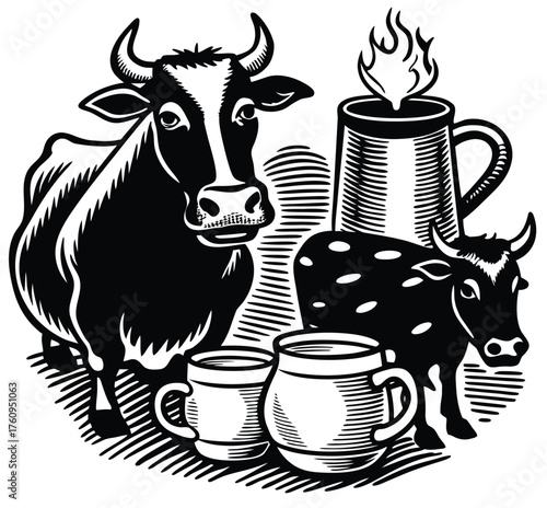 A brown cow's milk makes a hot cappuccino in a cup, a perfect breakfast beverage illustration