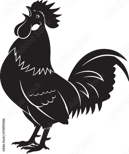 Silhouetted rooster crowing loudly with detailed feathers and comb on white