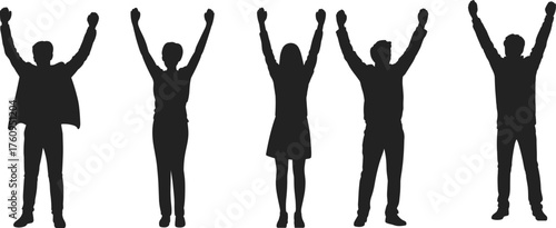 Group of diverse people celebrating with raised arms, unity and success concept, silhouette illustration of joyful team, achievement, flat vector