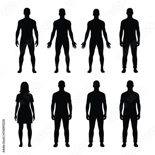 Collection of diverse human silhouettes representing men and women in various poses against a plain backdrop