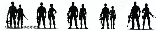 silhouette male and female army soldiers standing 